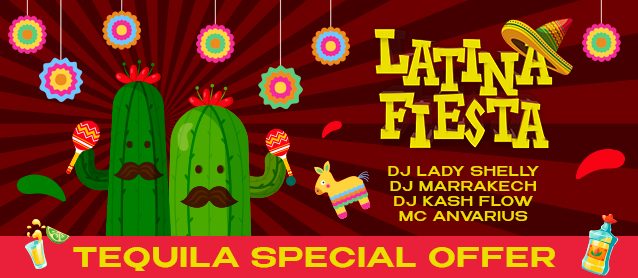 Latino Fiesta. Dj Lady Shelly, Dj Marrakech, Dj Kash Flow, Mc Anvarius